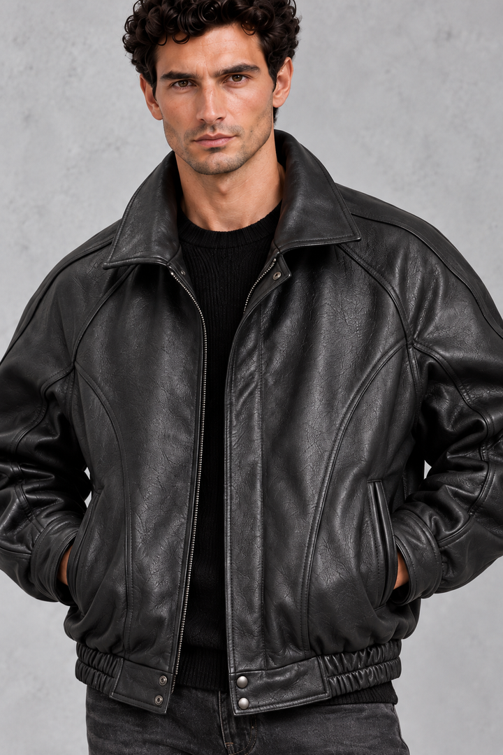 Men's Leather-Look Bomber Jacket – Panelled Design & Elasticated Hem