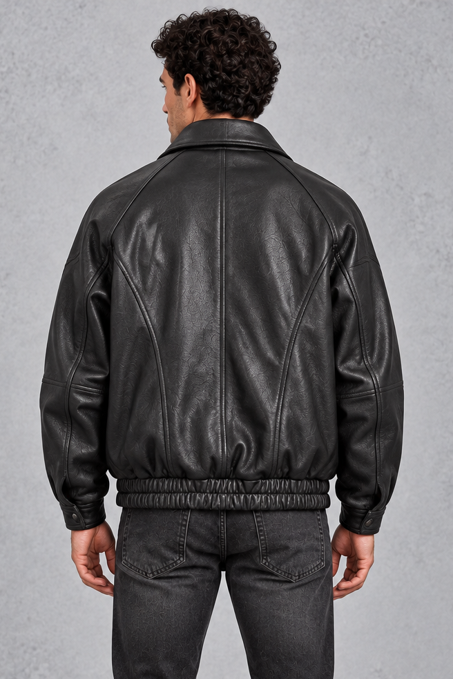 Men's Leather-Look Bomber Jacket – Panelled Design & Elasticated Hem