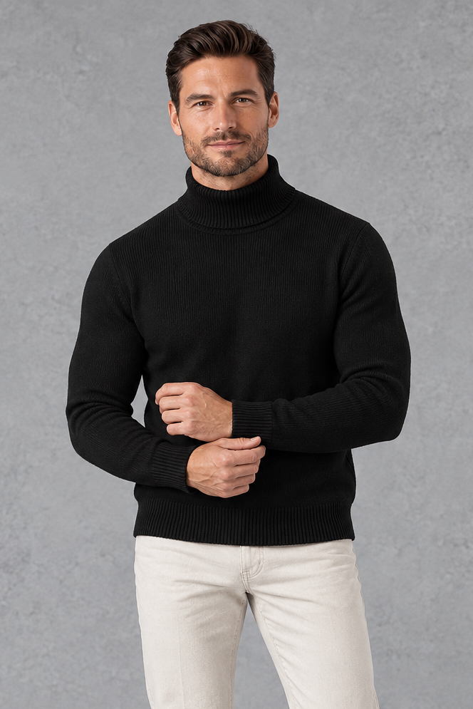 Men's Fine-Knit Roll Neck Jumper – Ribbed Trims & Tailored Fit