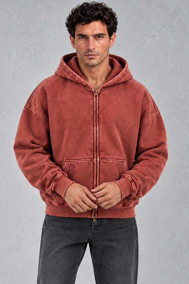 Men’s Oversized Vintage Wash Zip-Up Hoodie