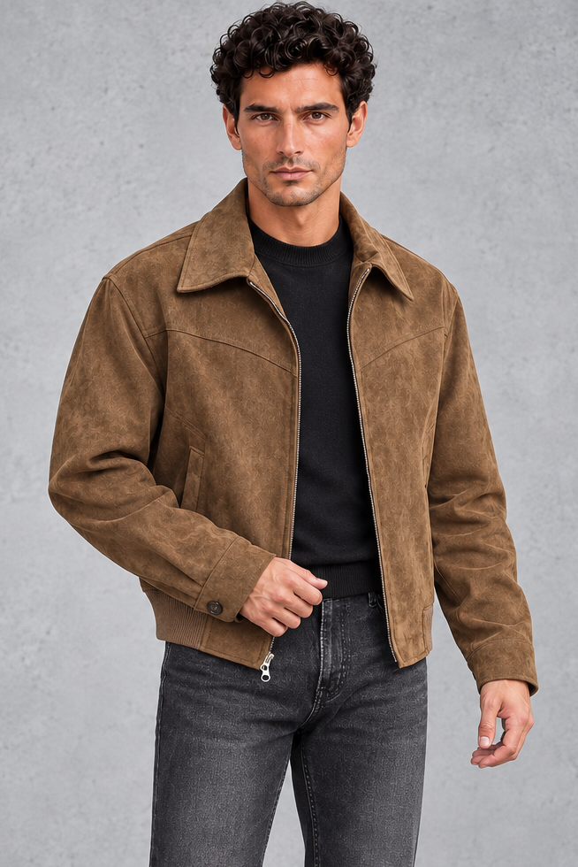 Men's Suede-Look Western Jacket – Point Collar & Zip Front