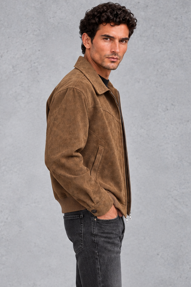 Men's Suede-Look Western Jacket – Point Collar & Zip Front