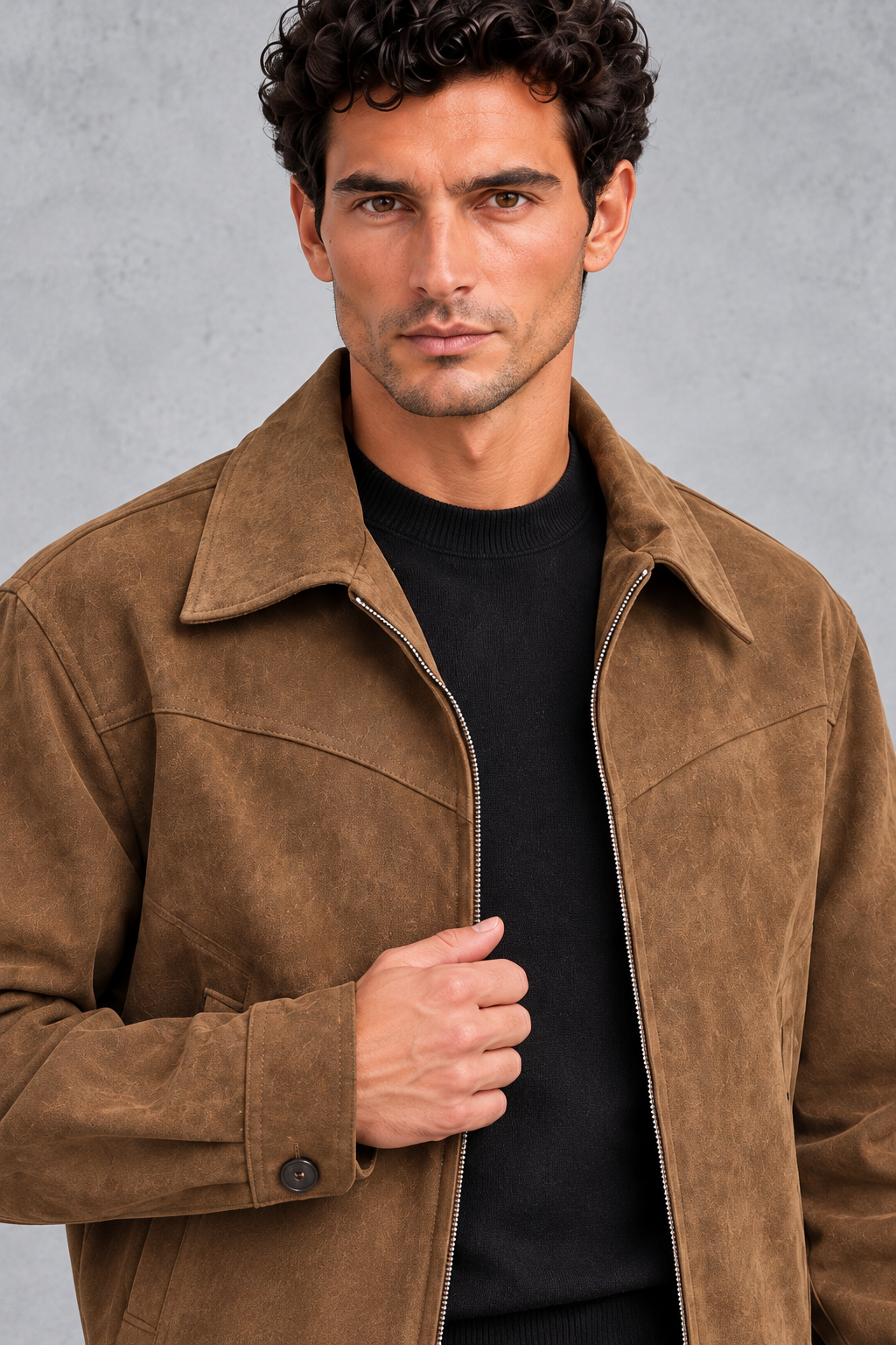 Men's Suede-Look Western Jacket – Point Collar & Zip Front