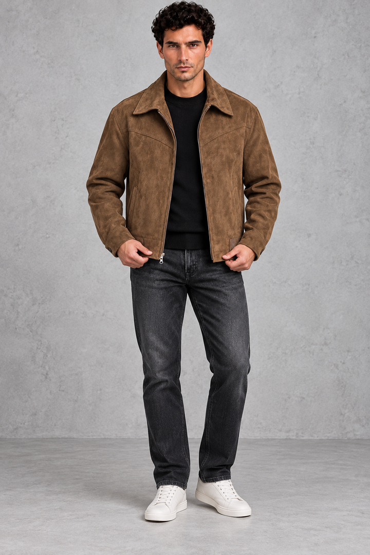 Men's Suede-Look Western Jacket – Point Collar & Zip Front