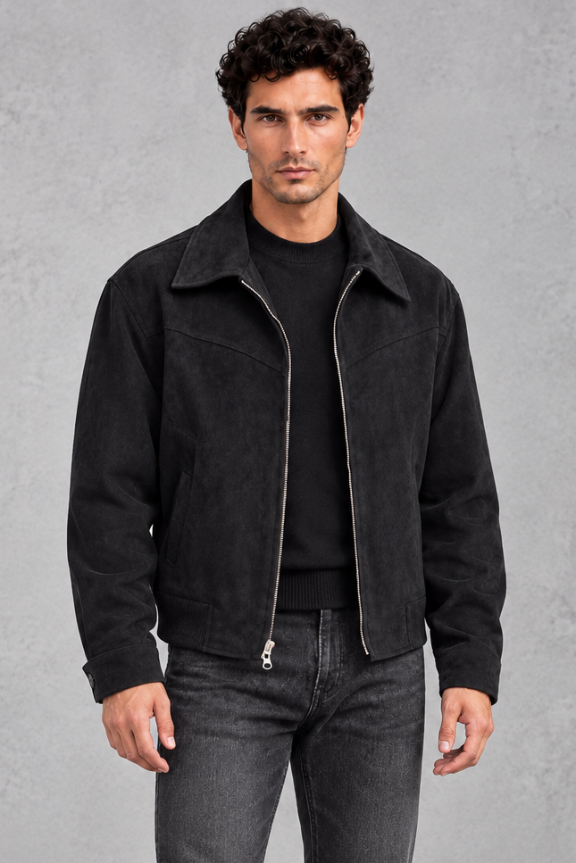 Men's Suede-Look Western Jacket – Point Collar & Zip Front