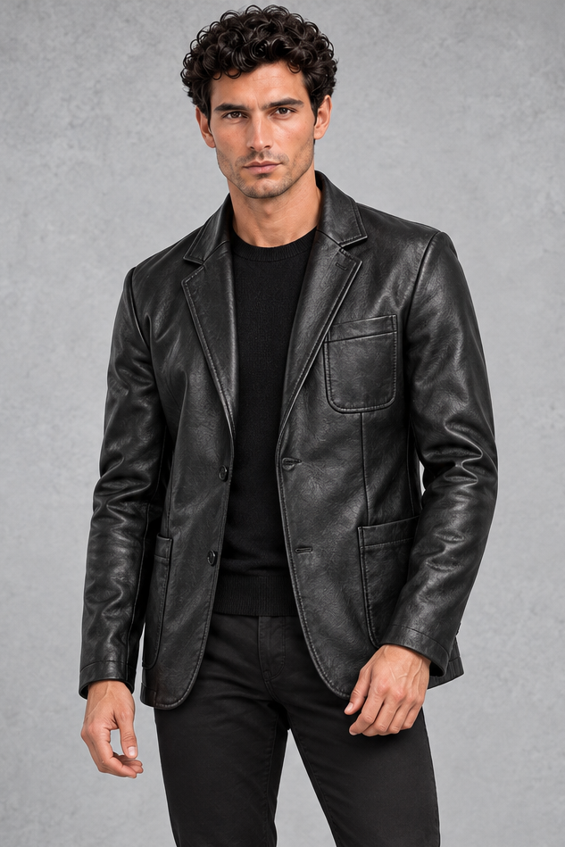Men's Faux Leather Blazer – Notched Lapels & Patch Pockets