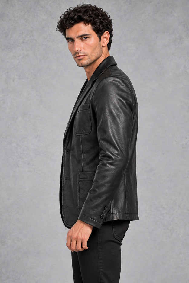 Men's Faux Leather Blazer – Notched Lapels & Patch Pockets