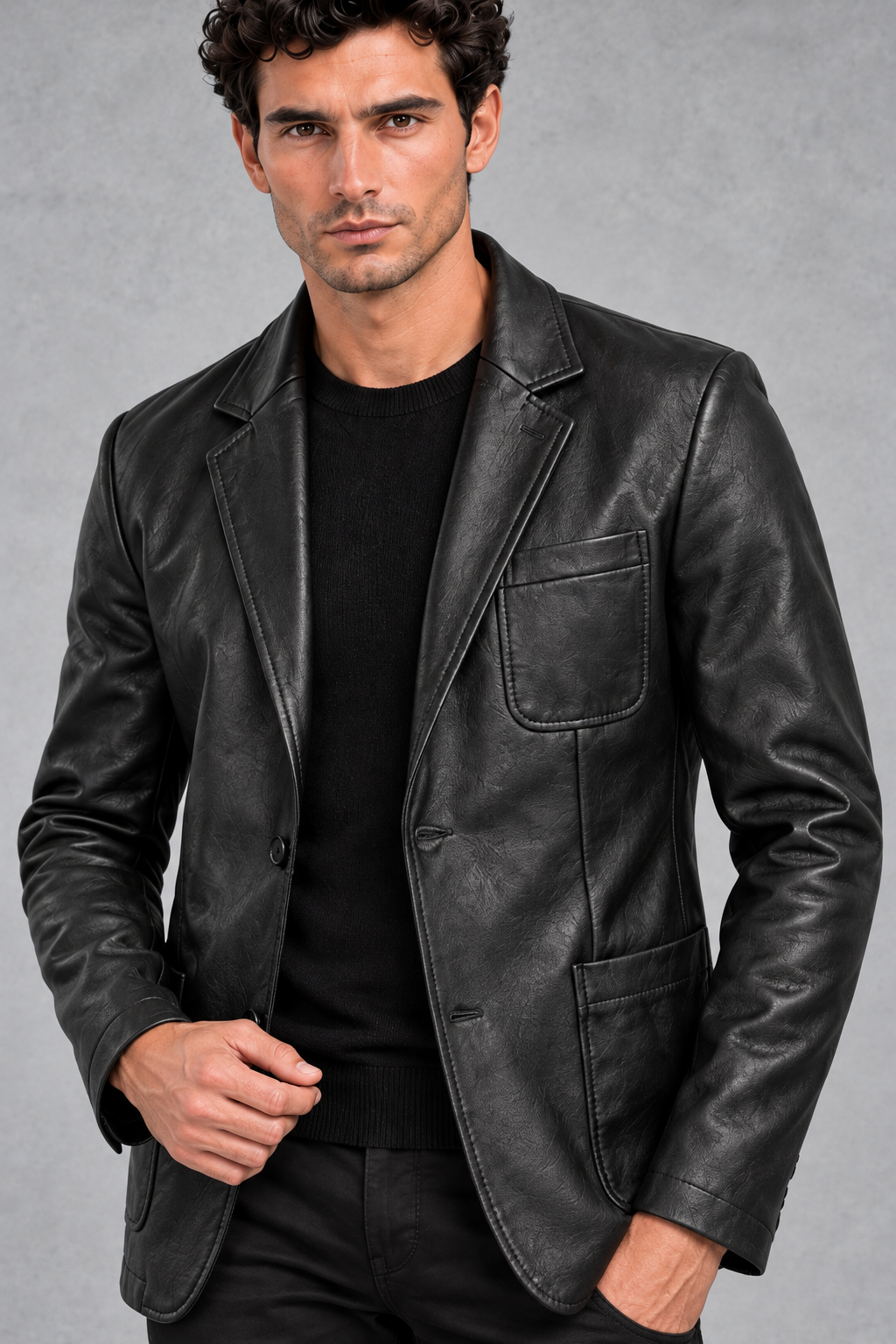 Men's Faux Leather Blazer – Notched Lapels & Patch Pockets