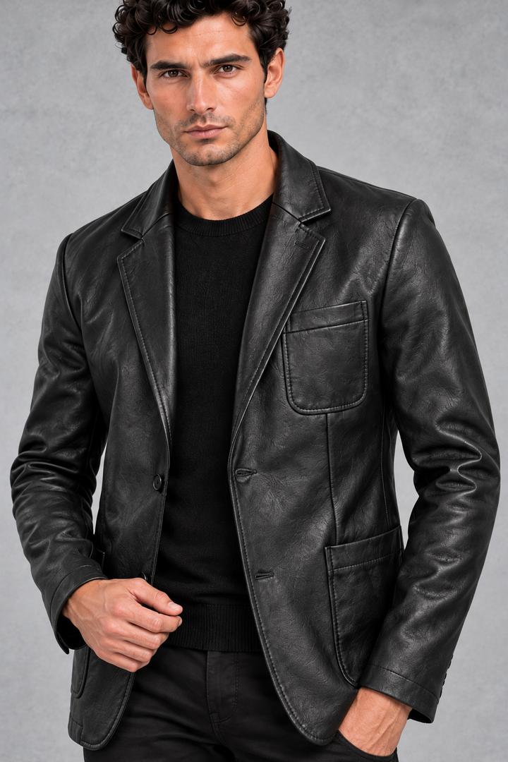 Men's Faux Leather Blazer – Notched Lapels & Patch Pockets