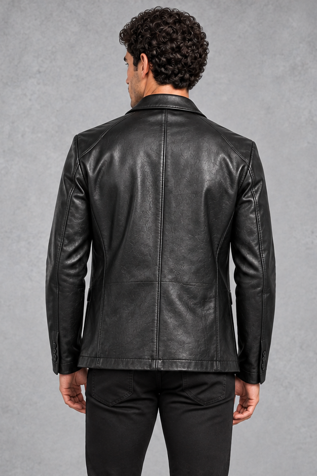 Men's Faux Leather Blazer – Notched Lapels & Patch Pockets