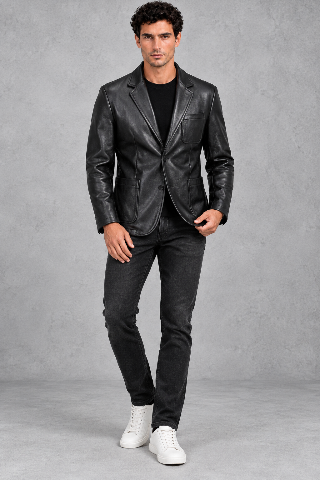 Men's Faux Leather Blazer – Notched Lapels & Patch Pockets