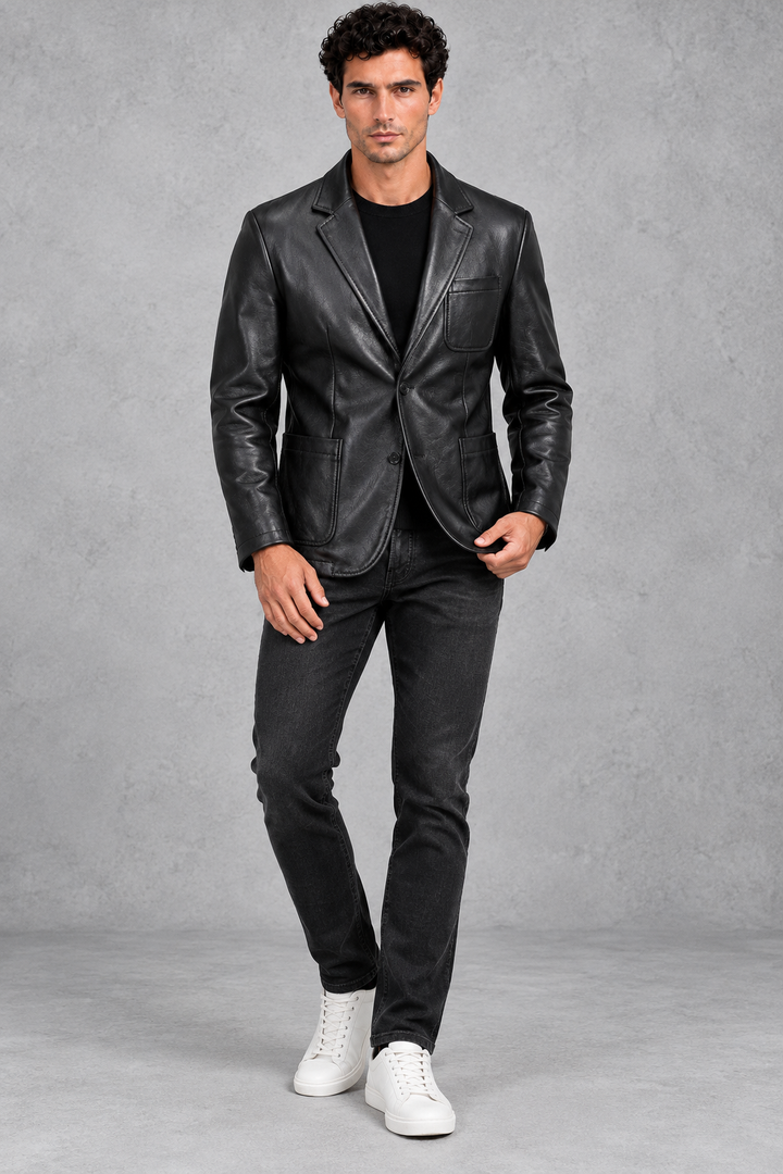 Men's Faux Leather Blazer – Notched Lapels & Patch Pockets
