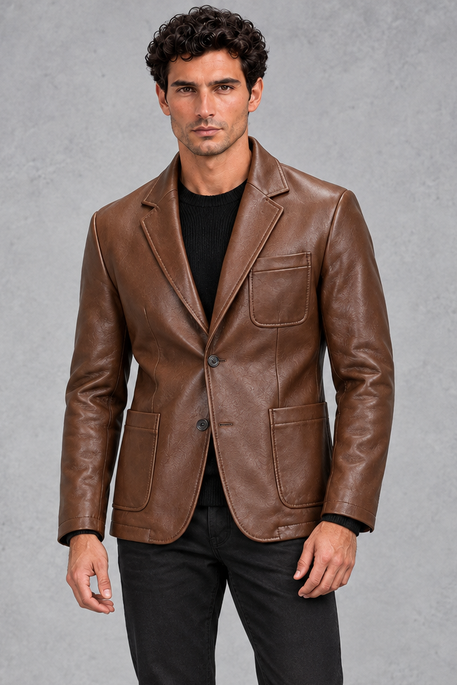 Men's Faux Leather Blazer – Notched Lapels & Patch Pockets