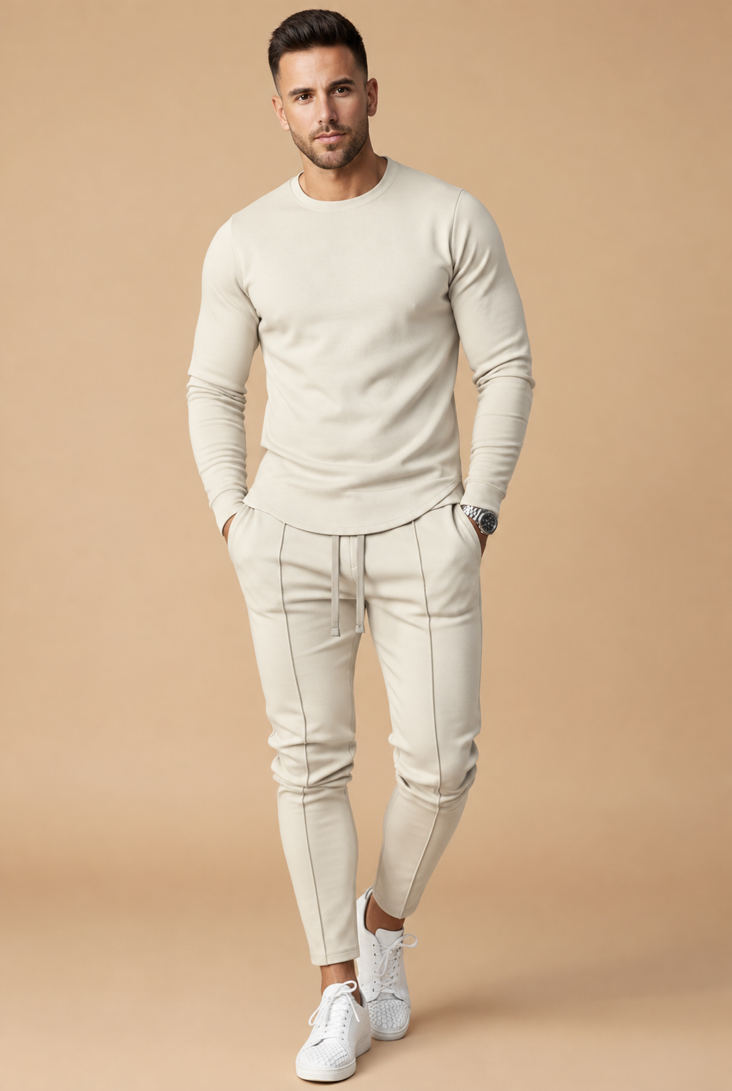 Men's Slim Fit Set – Long Sleeve Top and Slim Leg Pants with Drawstring for Casual Use