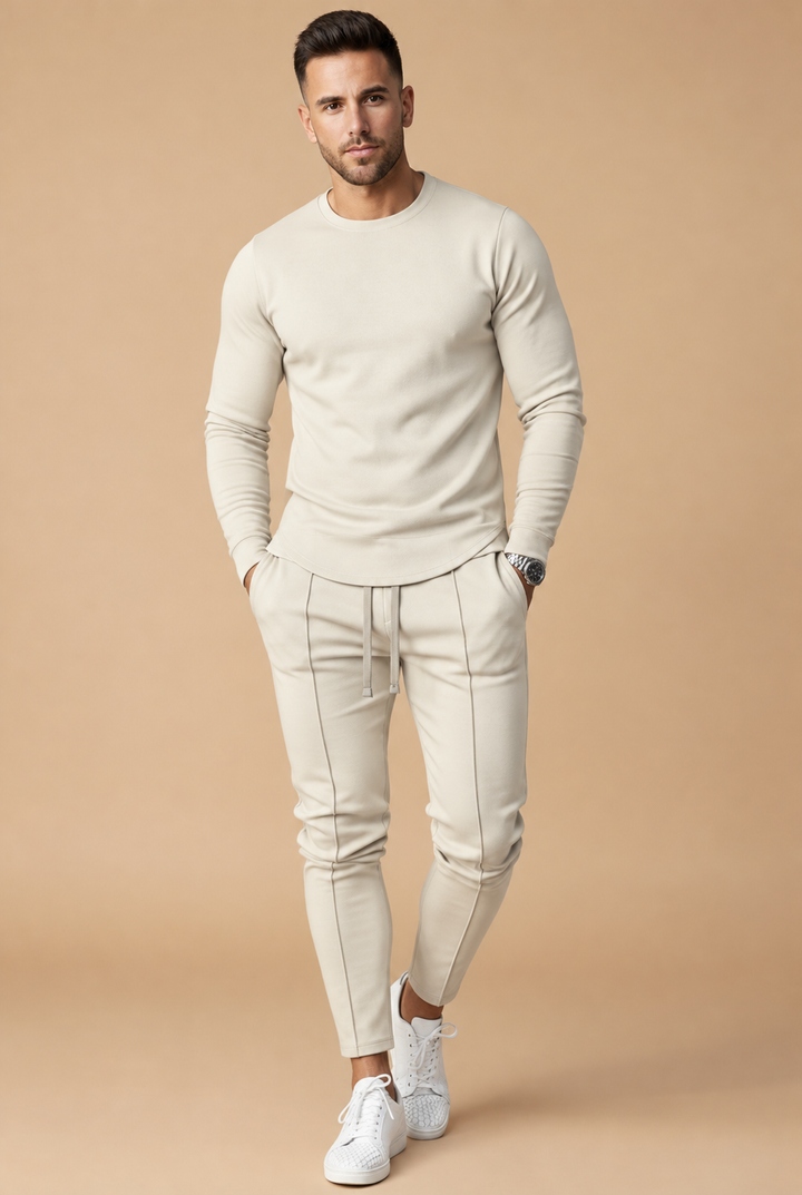 Men's Slim Fit Set – Long Sleeve Top and Slim Leg Pants with Drawstring for Casual Use