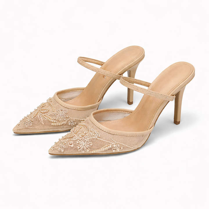 Ladies Mule Heels with Mesh and Floral Embroidery Pointed Toe, view 7 - Elena Harper