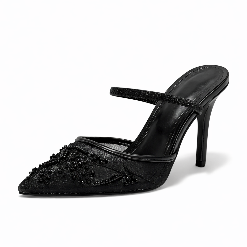 Ladies Mule Heels with Mesh and Floral Embroidery Pointed Toe, view 6 - Elena Harper
