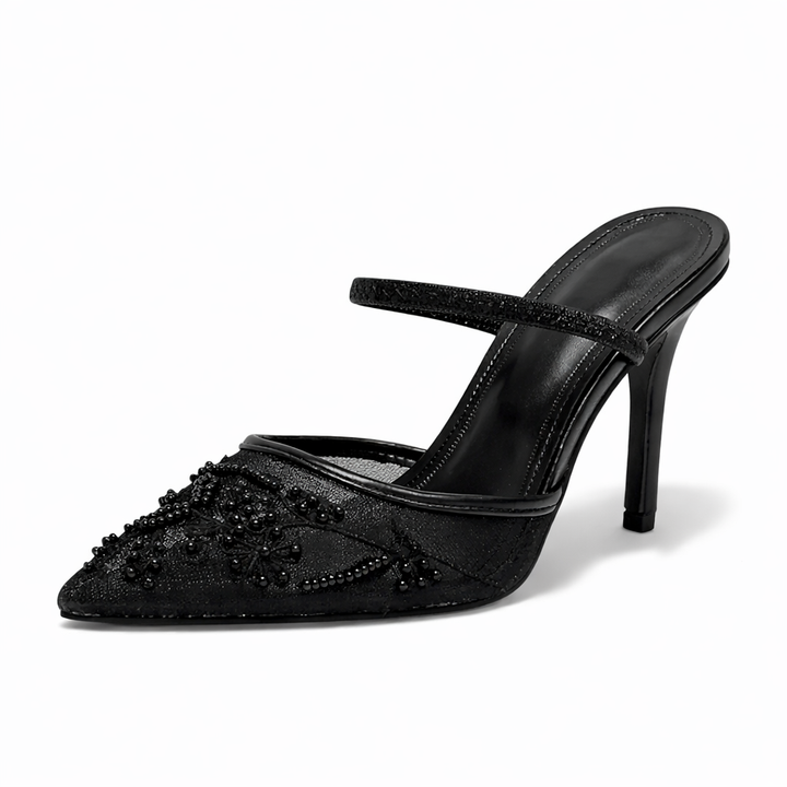 Ladies Mule Heels with Mesh and Floral Embroidery Pointed Toe, view 6 - Elena Harper