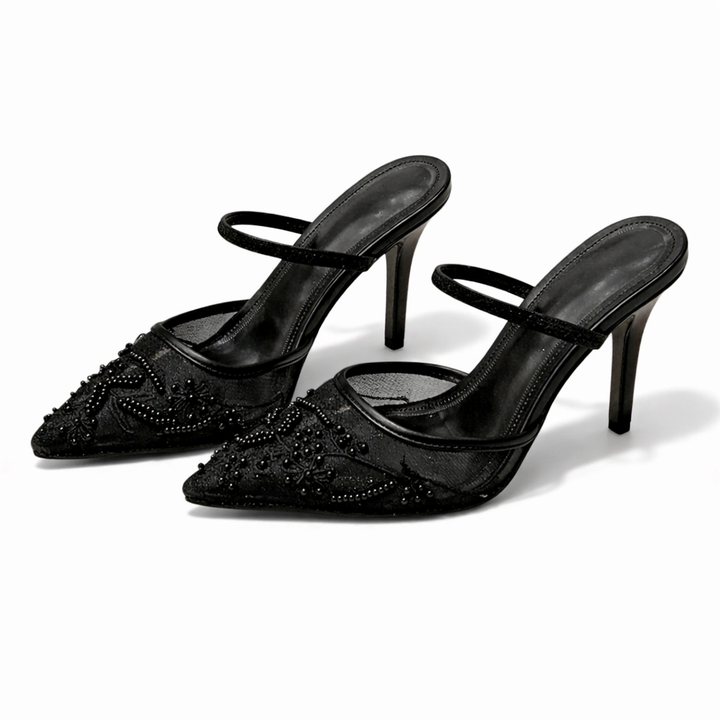 Ladies Mule Heels with Mesh and Floral Embroidery Pointed Toe, view 5 - Elena Harper