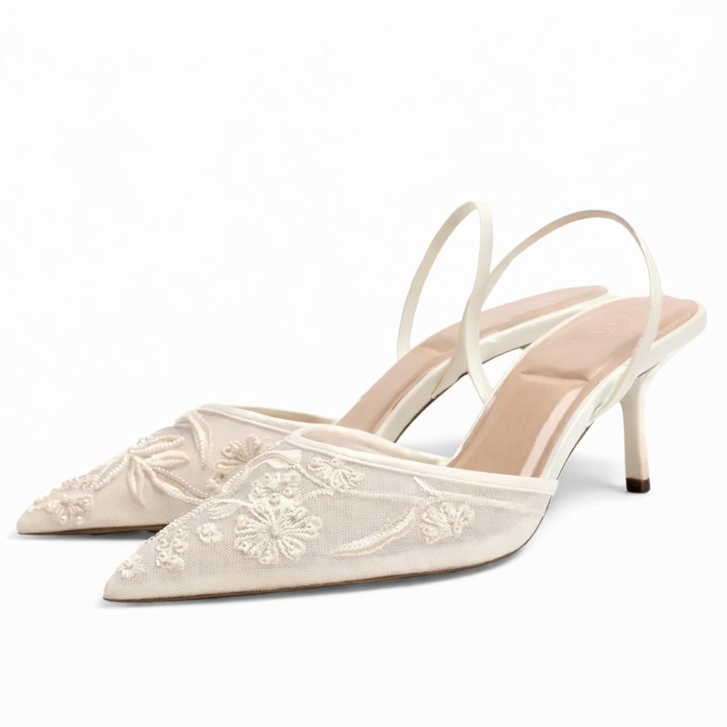 Ladies Mule Heels with Mesh and Floral Embroidery Pointed Toe, view 2 - Elena Harper