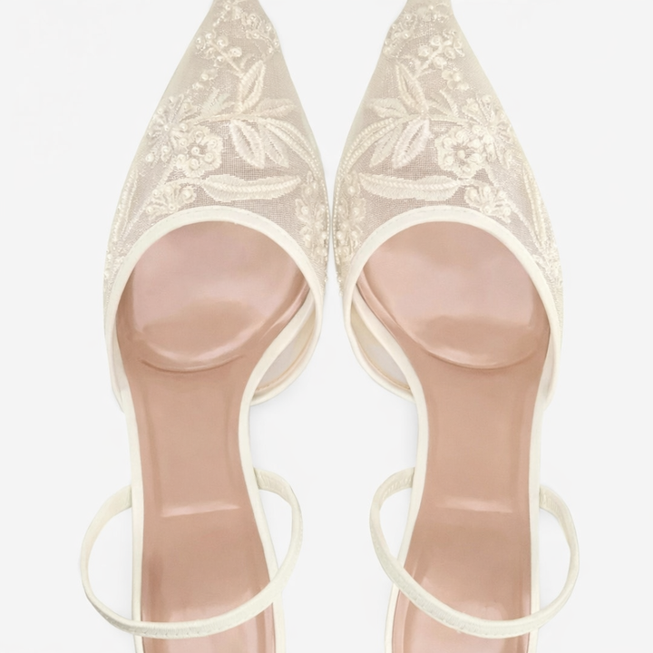 Ladies Mule Heels with Mesh and Floral Embroidery Pointed Toe, view 3 - Elena Harper