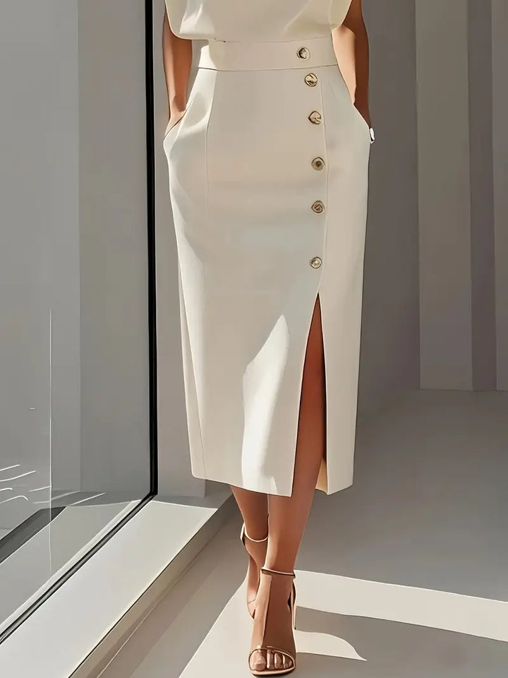 Women's Elegant Midi Dress with Side Slit & Button Detail