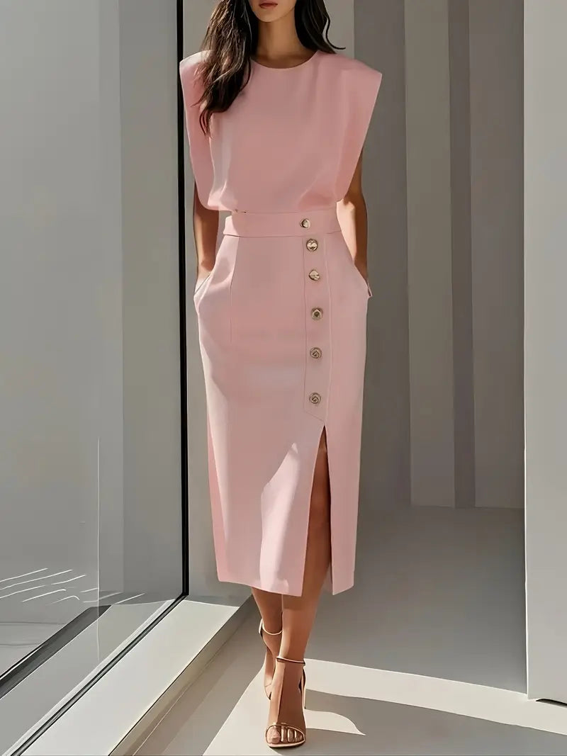 Women's Elegant Midi Dress with Side Slit & Button Detail