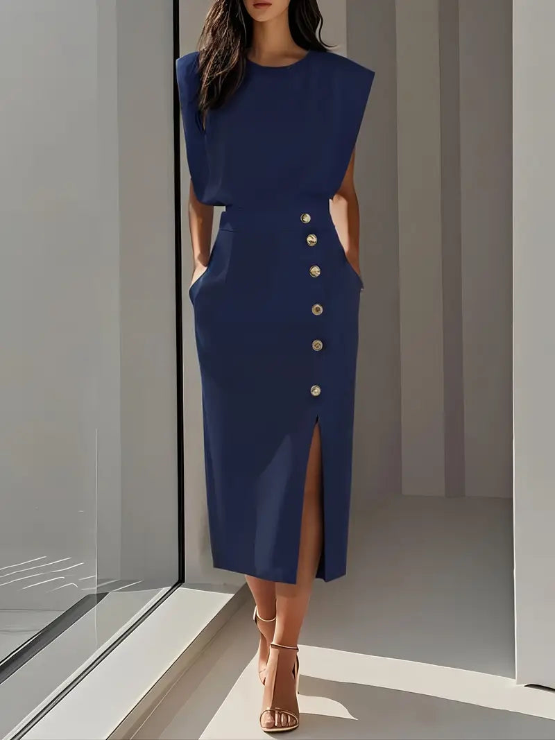 Women's Elegant Midi Dress with Side Slit & Button Detail