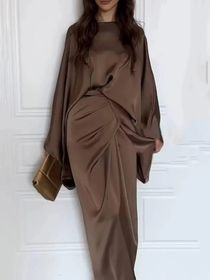 Patricia Satin Maxi Dress with Batwing Sleeves, view 5 - Elena Harper