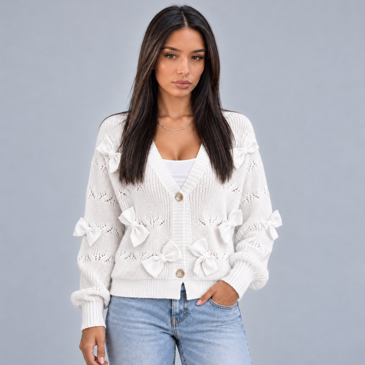 Montarello Women's V-Neck Cardigan with Bow Detail, Buttoned at the Front