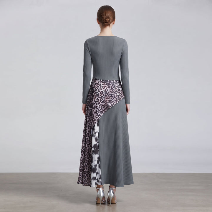 Amelie | Women's Long Sleeve Maxi Dress Ribbed Leopard Print Asymmetrical Hem