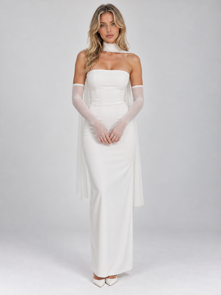 Women’s Strapless Maxi Dress Sheer Gloves & Chiffon Scarf, view 6 - Elena Harper