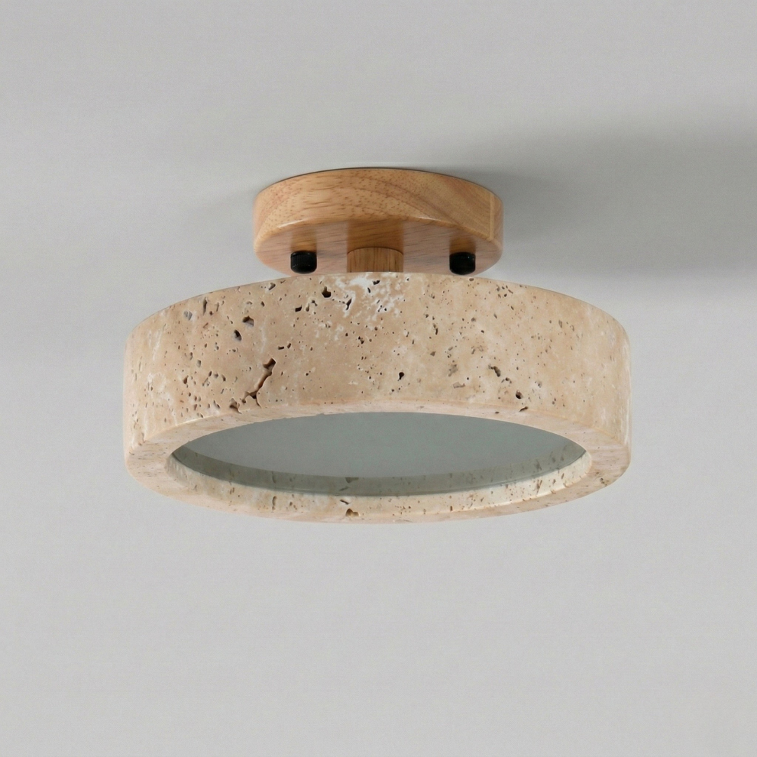 Round Ceiling Lamp Travertine with Wooden Edge – Japanese Modern Design