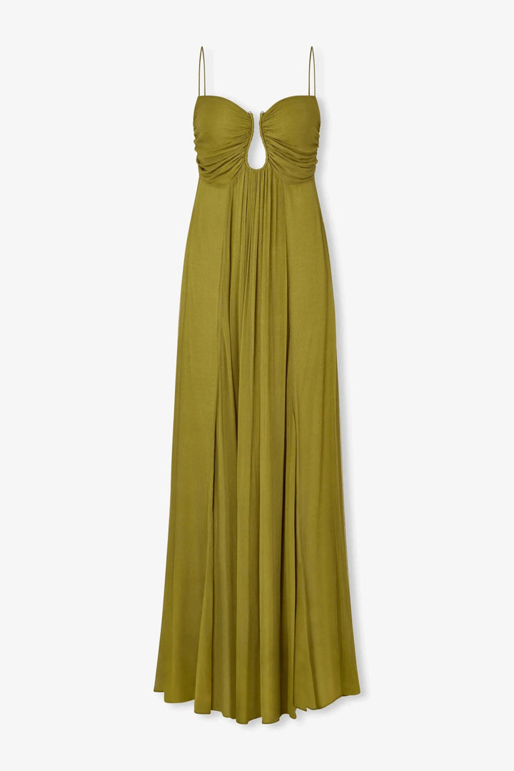 Olive green Julenia™ maxi dress by Emma & Rose Cape Town, featuring elegant fabric and a flowing silhouette.