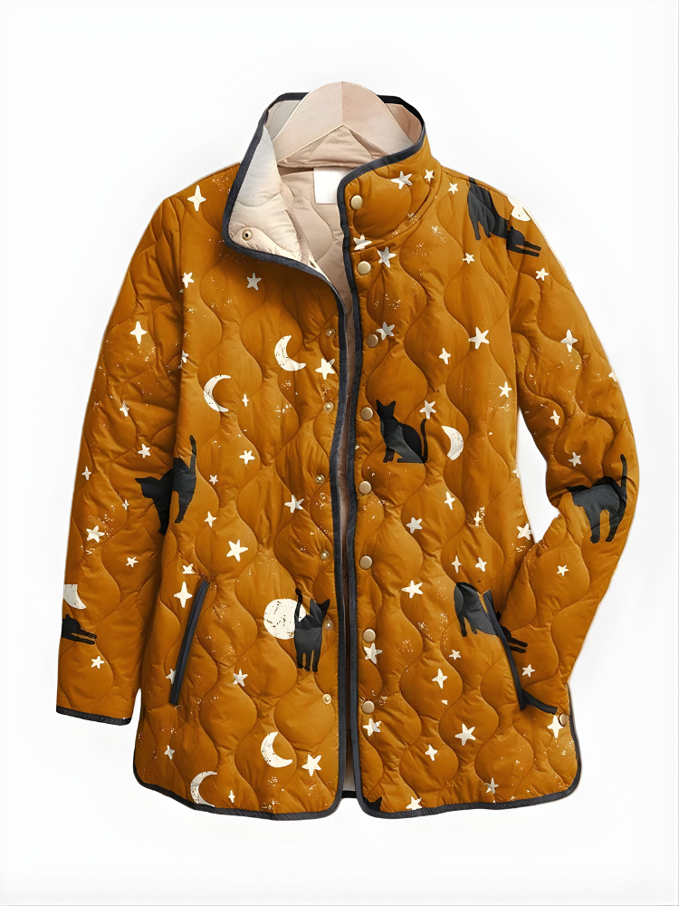 Women's Quilted Jacket with Cat Moon Star Print - Elena Harper
