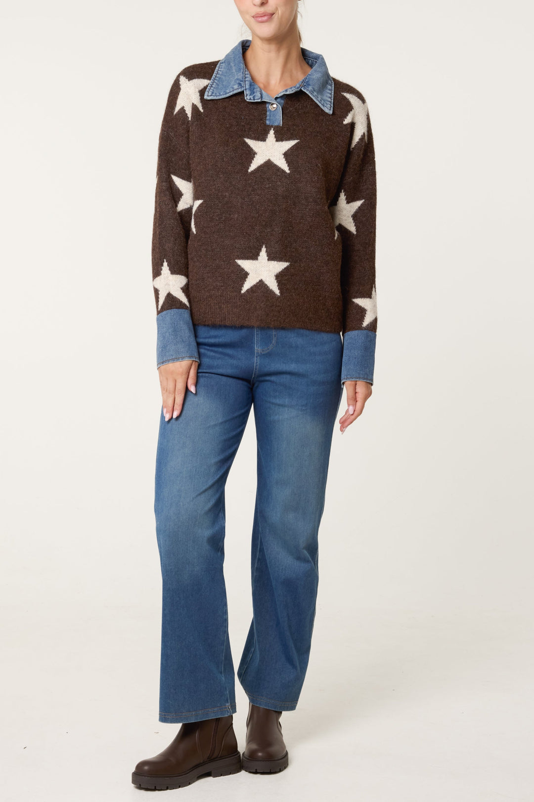 Ladies Sweater with Denim Collar and Star Pattern - Knitted Pullover