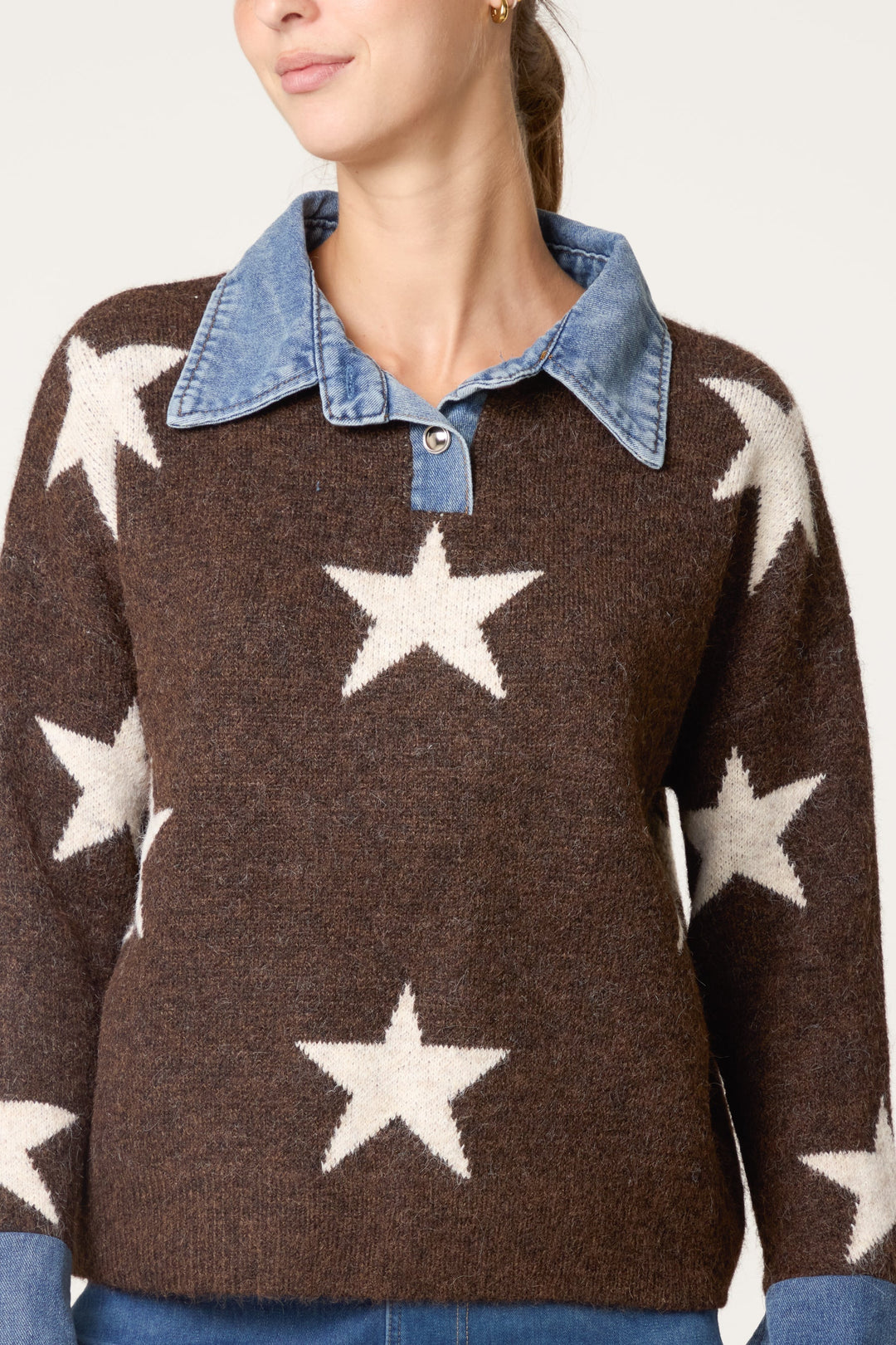 Ladies Sweater with Denim Collar and Star Pattern - Knitted Pullover