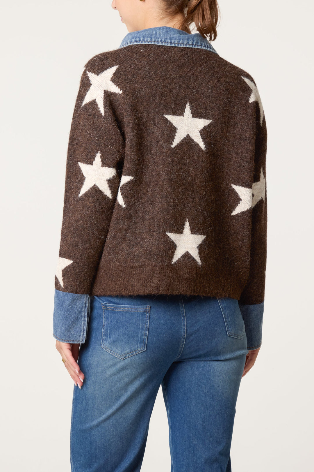 Ladies Sweater with Denim Collar and Star Pattern - Knitted Pullover