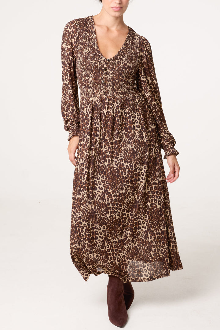 Ladies Midi Dress with V-Neck and Button Closure Animal Print, view 4 - Elena Harper