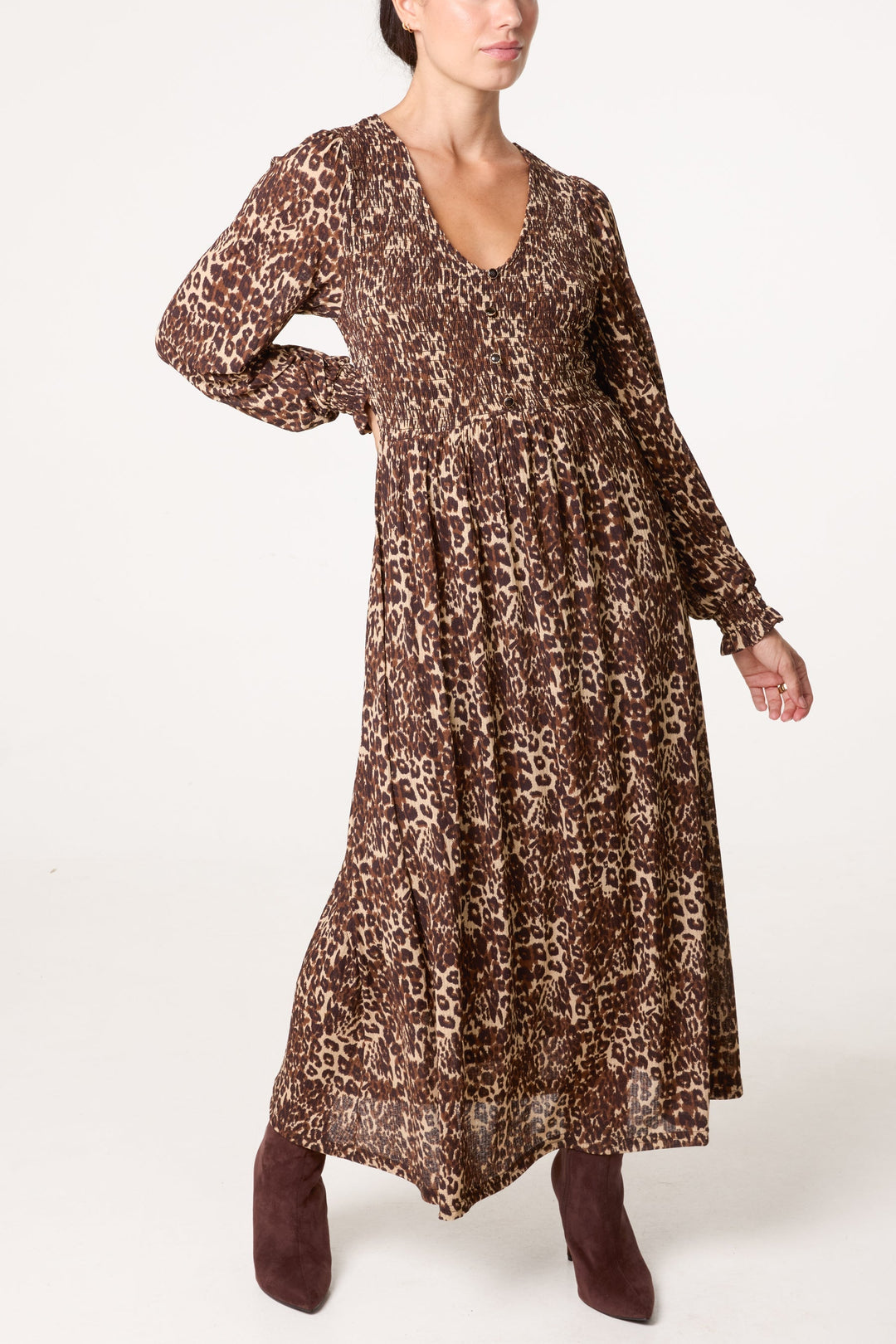 Ladies Midi Dress with V-Neck and Button Closure Animal Print - Elena Harper