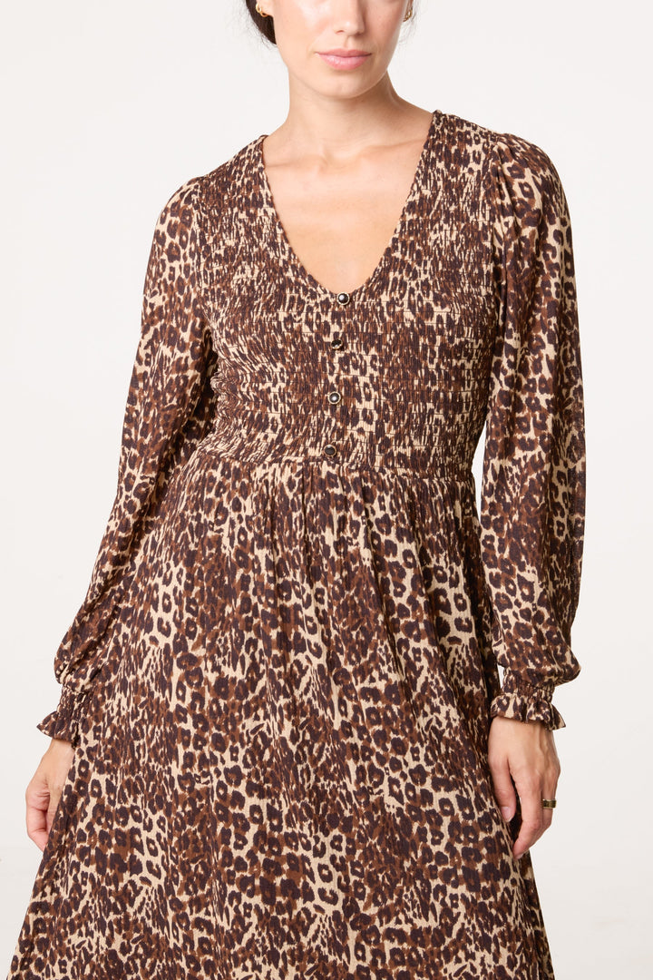 Ladies Midi Dress with V-Neck and Button Closure Animal Print, view 2 - Elena Harper