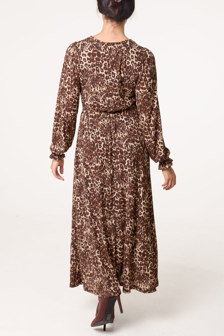Ladies Midi Dress with V-Neck and Button Closure Animal Print, view 3 - Elena Harper