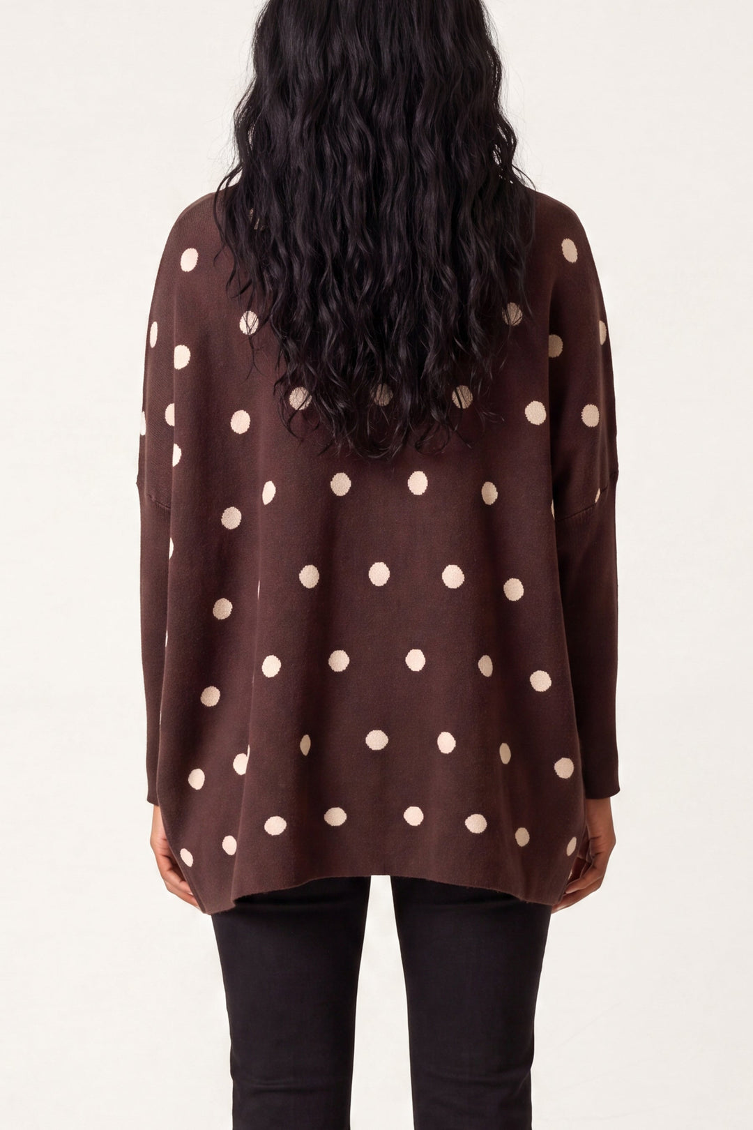 Ladies Polkadot Print Sweater – Knitted Pullover with Batwing Sleeves