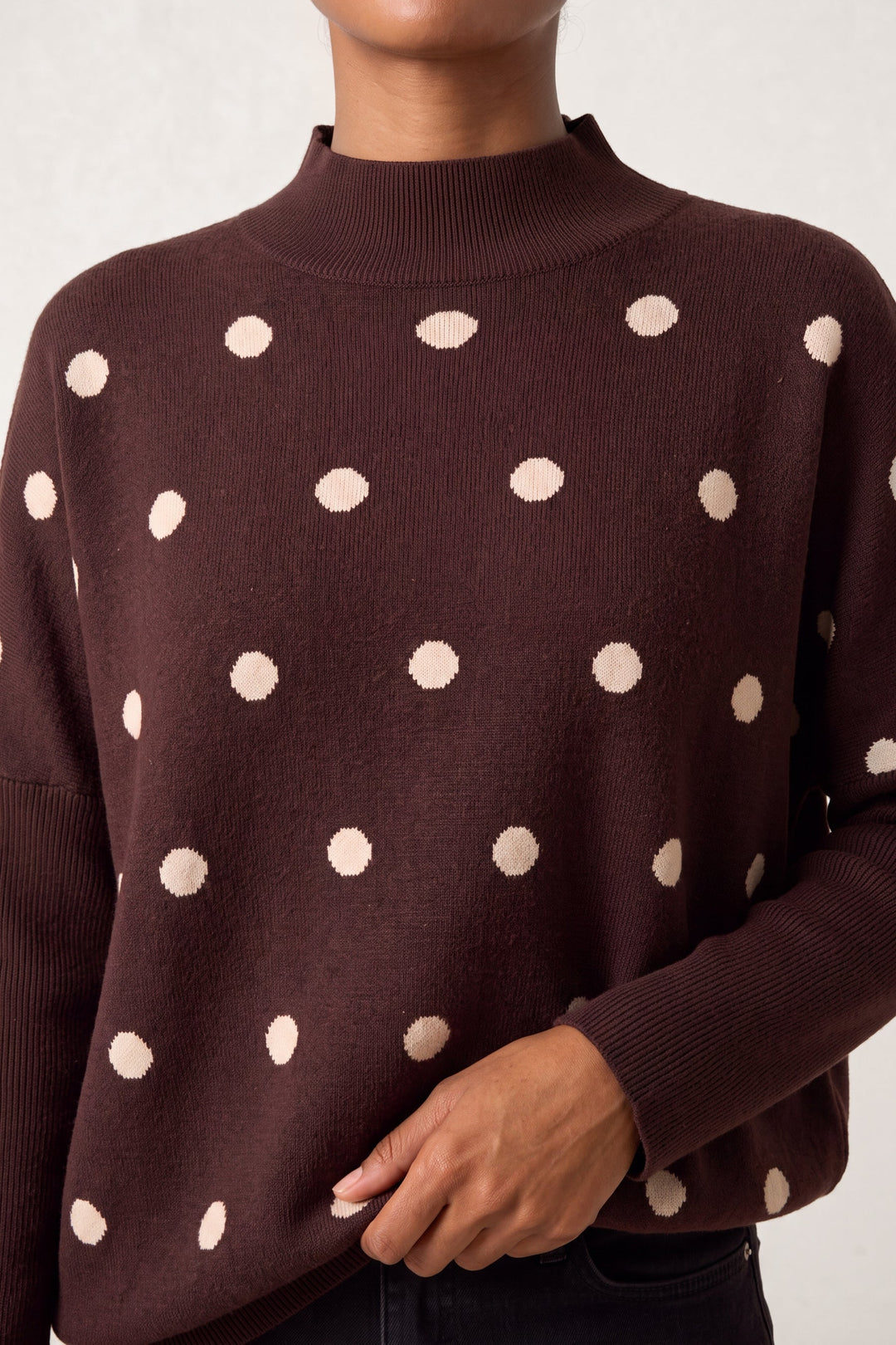 Ladies Polkadot Print Sweater – Knitted Pullover with Batwing Sleeves