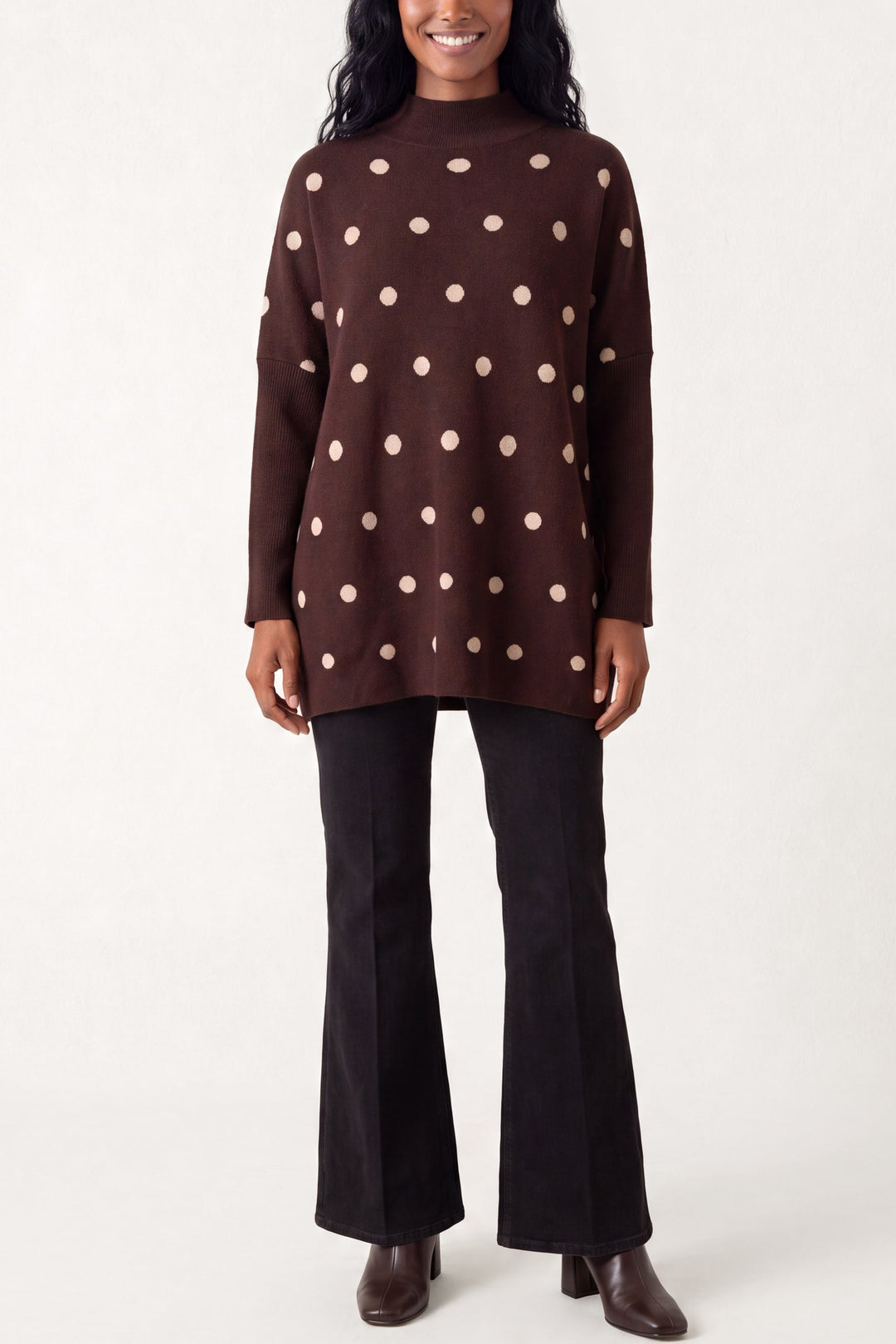 Ladies Polkadot Print Sweater – Knitted Pullover with Batwing Sleeves