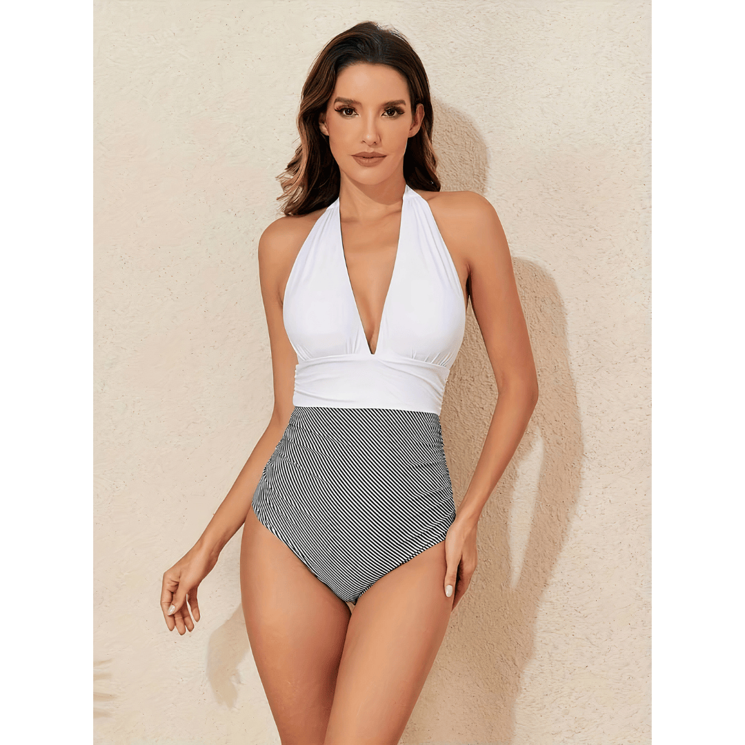 Emma & Rose Manhattan Sarah™ tie-neck swimsuit in vibrant color, featuring a stylish tie-neck design and sleek one-piece fit.