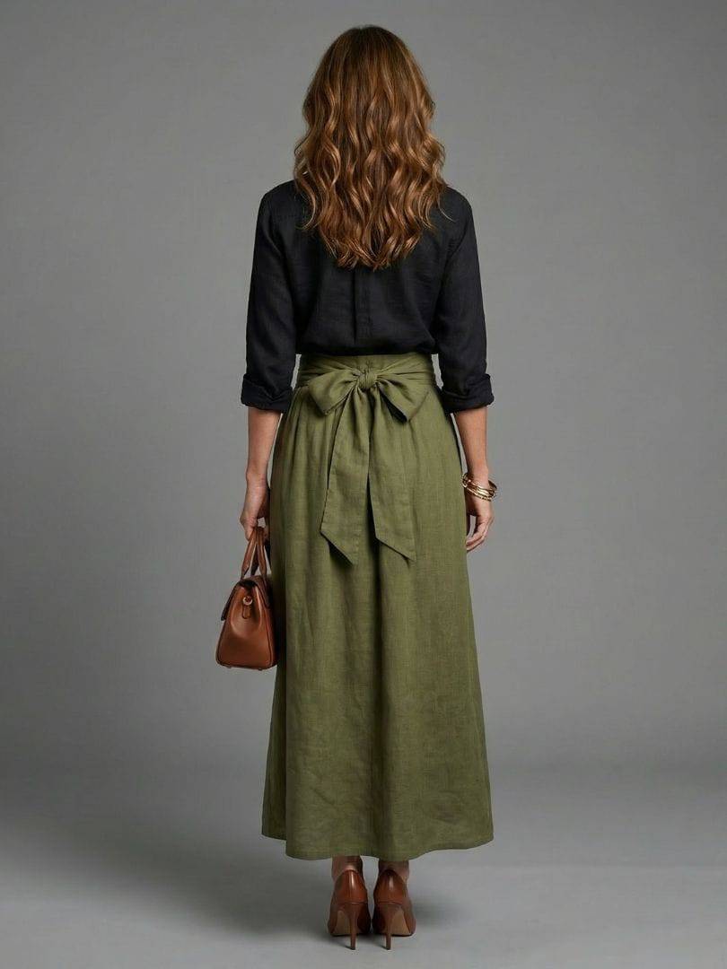 Olive green Vera™ midi skirt by Emma & Rose Cape Town, styled with a flowing fabric and high waist design.