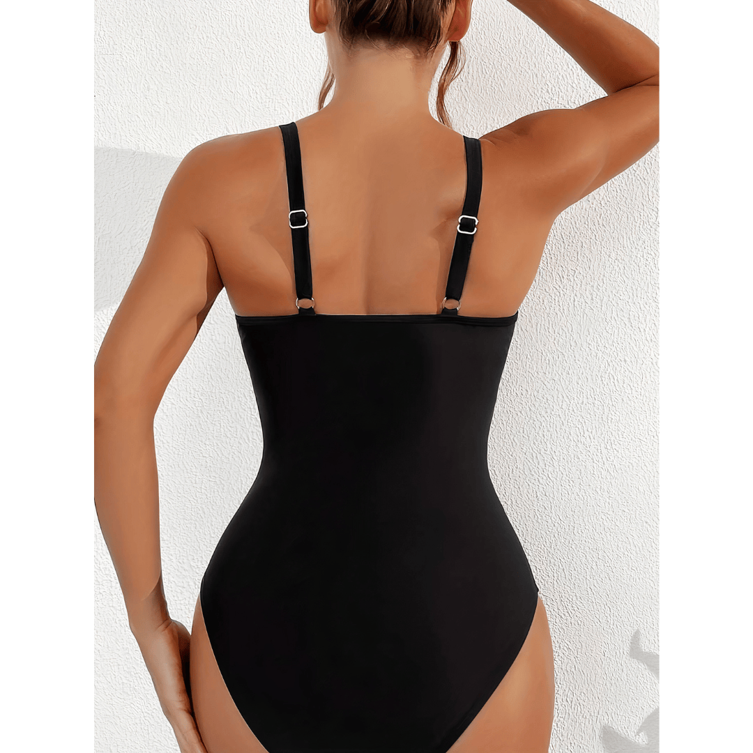 Emma & Rose Manhattan Johanna™ Crystal Cove swimsuit featuring a stylish, patterned one-piece design with a plunging neckline.