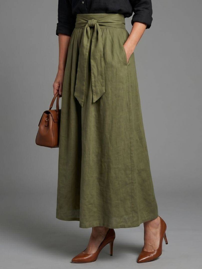 Olive green Vera™ midi skirt by Emma & Rose Cape Town, shown with flowing fabric and stylish waistband detail.