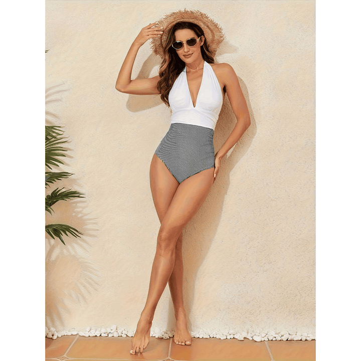 Sarah™ tie-neck swimsuit by Emma & Rose Manhattan, featuring a stylish tie-neck design and smooth fabric in a vibrant color.